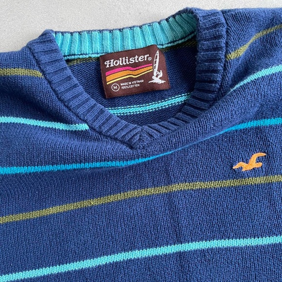 Hollister Blue Striped Cotton Knit V-Neck Sweater - Picture 2 of 7